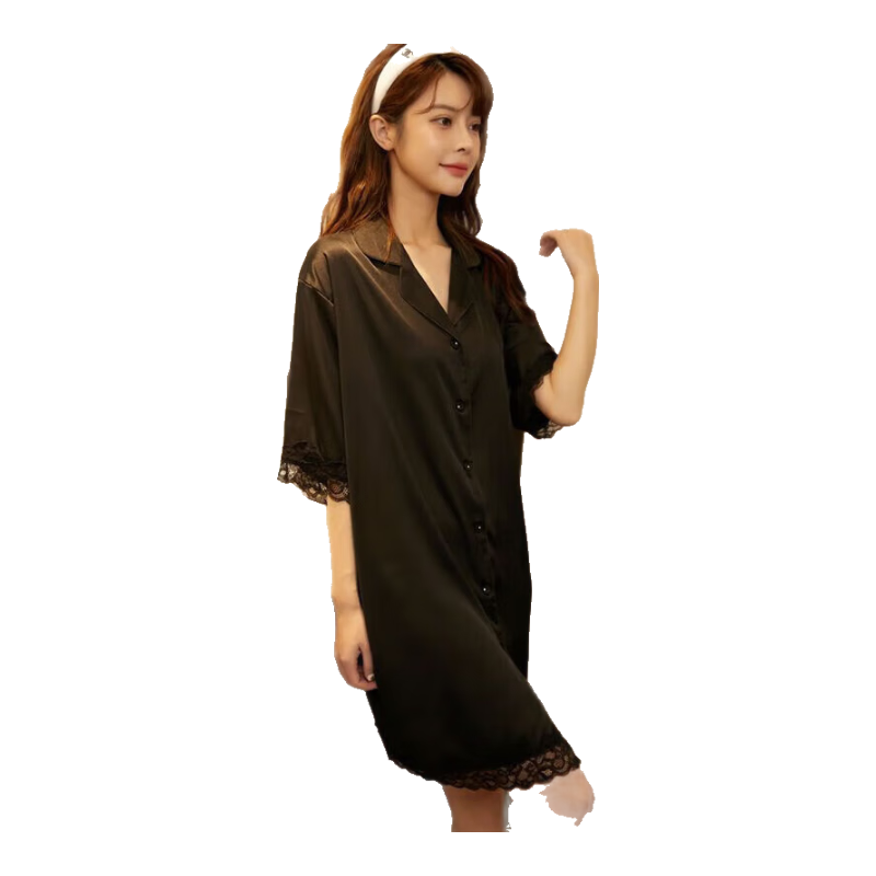 栗稻睡衣女夏天冰絲薄款透氣連體睡裙寬松大碼加肥加大碼胖mm家居服 9222#-1黑色 L 【建議110-130斤】