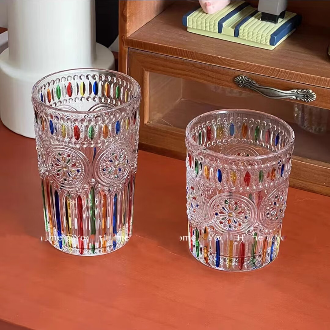 【现货现发】会折射彩虹光泽彩绘水杯手绘设计感玻璃杯子 柠黄编织 401-500ml