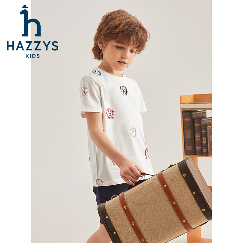 哈吉斯(HAZZYS)品牌童装男童T恤夏季新款轻薄宽松弹力简约休闲短袖圆领衫 本白 130