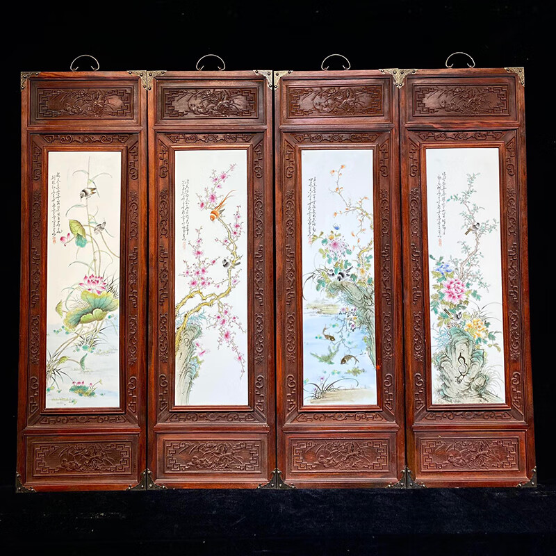 古典家具程意亭作品花鸟四条挂屏(瓷板画) 高120厘米 单块宽37厘米xf