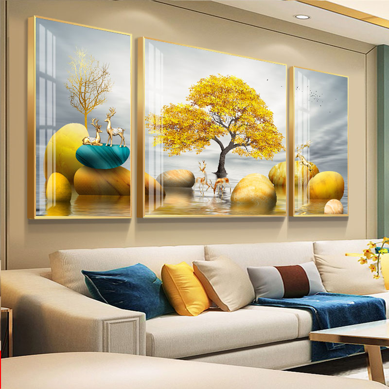 画轻奢现代三联画晶瓷画墙画壁画 a金石财鹿 左右40*60中80*60/挂2米