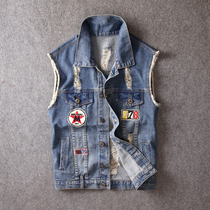 哈雷风马甲秋季无袖坎肩盘扣牛仔男机车翻领户外背心破洞夹克外套 301