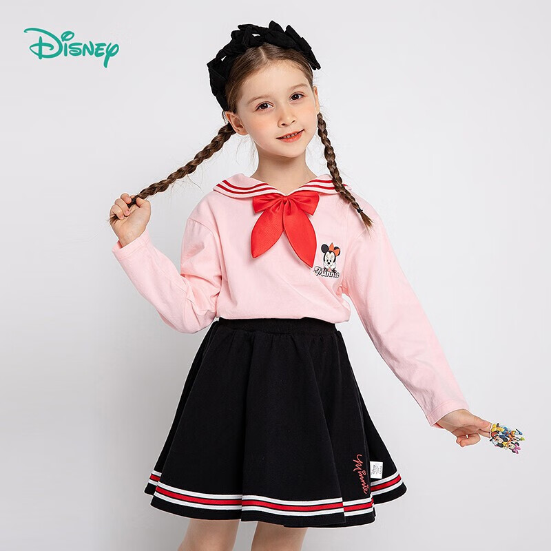 迪士尼(Disney)女童长袖T恤学院风翻领上衣22年春秋款女孩衣服 桃粉110cm