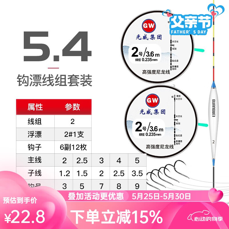 光威鱼线大线组套装八字环硅胶太空豆漂座快速刻度铅纳米2副主线 光威套装钓组(两付入）5.4米 2