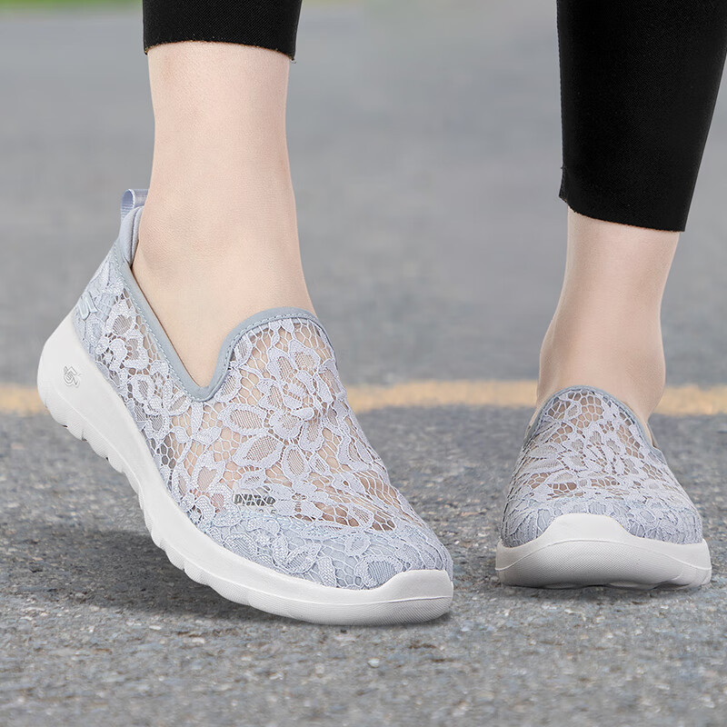 斯凯奇（Skechers）夏季女鞋2025新款蕾丝网面健步鞋浅口一脚蹬穿脱软底老人鞋妈妈鞋 蕾丝网面-LTGY /浅灰色