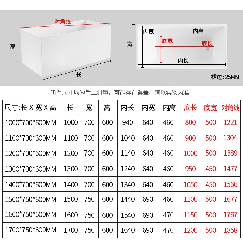 浪鲸（SSWW）卫浴一体成型独立式小户型浴缸家用成人亚克力深泡方形泡澡浴池缸 1.3米独立式浴缸