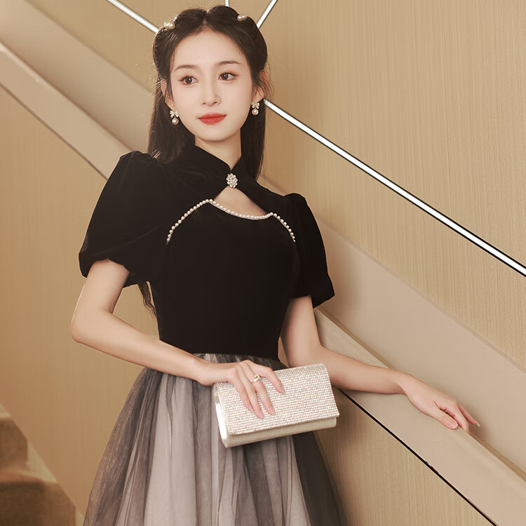 盖淘晚礼服女2023新款黑色主持人学生艺考长裙优雅气质高贵礼 黑色 m