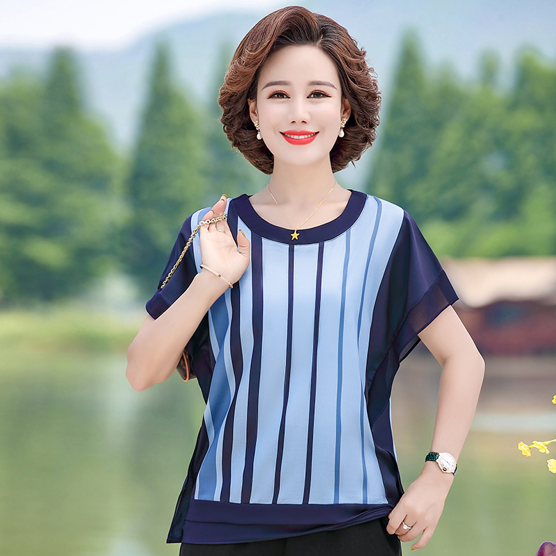 夏天中老年短袖t恤女园领圆领中年妇女妈妈半截袖半袖上衣t恤凉快