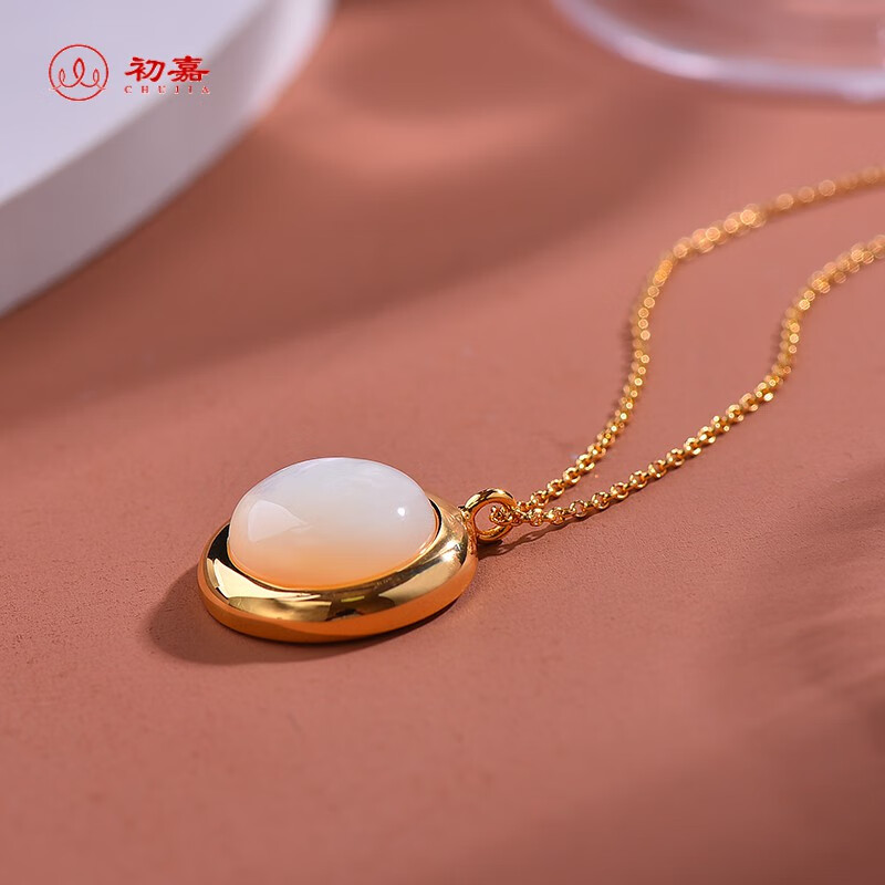 初嘉 天然高端白贝项链女 时尚圆形吊坠 精致银百搭锁骨链 白贝吊坠