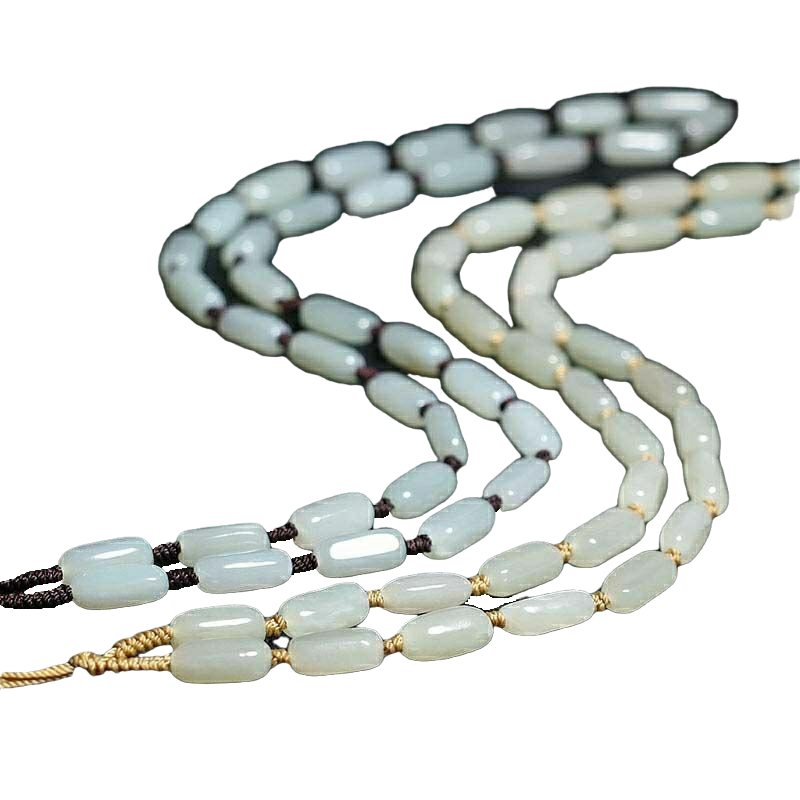 映和 新疆和田玉项链男女款青白玉石和田玉链子桶珠挂件绳吊坠挂链 和田玉粗珠子 土豪金线编织