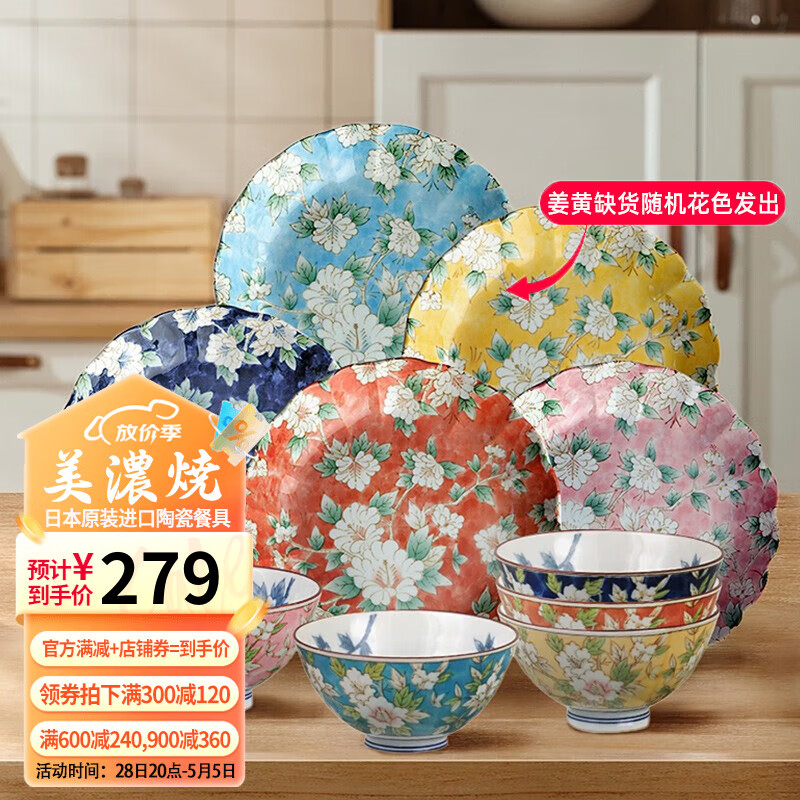 美浓烧（Mino Yaki）日本进口木槿花餐具套装家用日式陶瓷碗盘10件套 木槿花10件套 10头