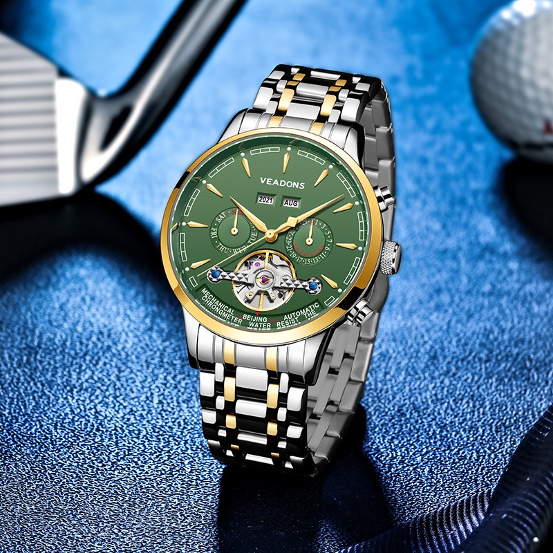 威顿(veadons)手表男士机械表镂空钢带商务休闲星期日历防水男腕表送