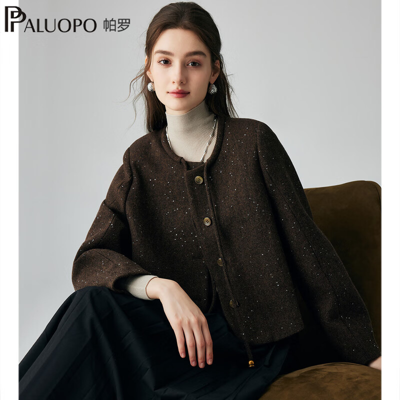 帕罗（PALUOPO）秋冬毛呢大衣女 新款羊毛圆点单排扣外套 保暖出行抽绳上衣 咖啡 S 155/80A
