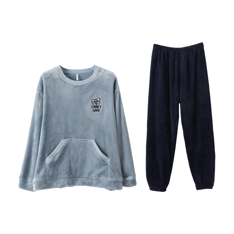 安之伴睡衣男秋冬季圓領(lǐng)套頭簡(jiǎn)約寬松版長(cháng)袖長(cháng)褲可外穿家居服套裝  冰蘭 L