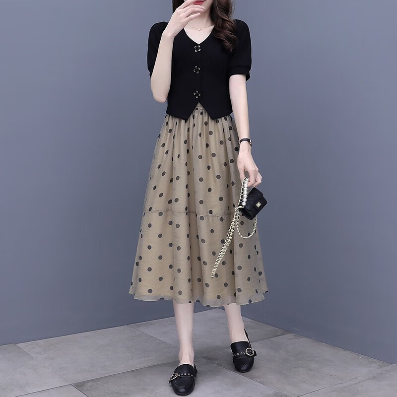 搭配半身裙的上衣洋气百搭款新款夏季连衣两件装裙子成套的女 波点