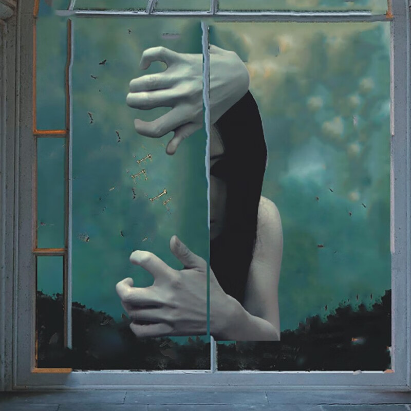 muyin)万圣节女鬼玻璃贴纸鬼屋密室逃脱血手印窗户厕所贞子黑影墙贴