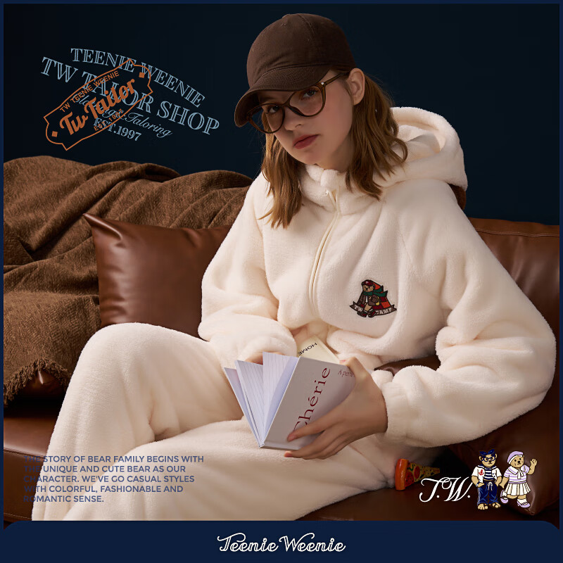 TEENIE WEENIE小熊加厚睡衣女士绒套装加绒加带帽厚家居服 云朵白 L 【参考120-140斤】