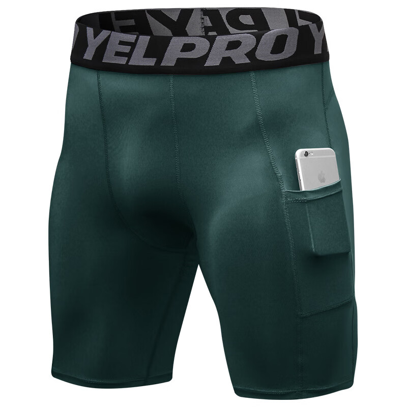 男士健身短裤带口袋 运动跑步训练 排汗速干弹力紧身短裤 深墨绿 XXL