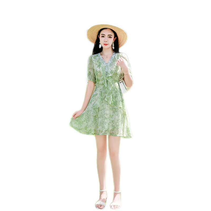米詩(shī)德夏天矮個(gè)子沙灘裙小個(gè)子綠色碎花連衣裙女夏季荷葉邊韓版顯瘦短裙 綠色 碎花 M