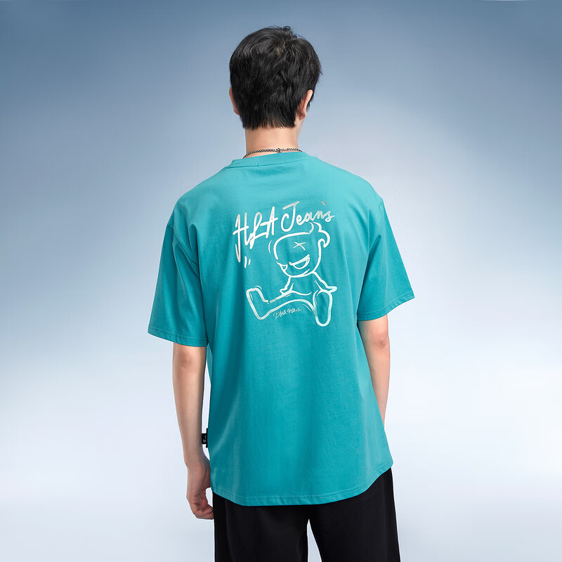 黑鲸【海澜之家旗下】黑小鲸印花短袖T恤男夏季时尚微阔圆领套头衫短t 湖蓝花纹13 175/92A(L) 推荐69-75kg