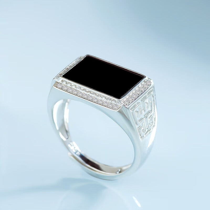 爱尚轩墨翠戒指s925银镶嵌翡翠墨玉马鞍戒墨翠男戒指玉石指环可调节