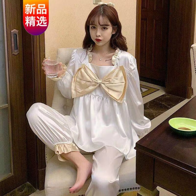 秋季新款睡衣女季可爱蝴蝶结公主风长袖冰丝绸甜美少女休闲家居服套