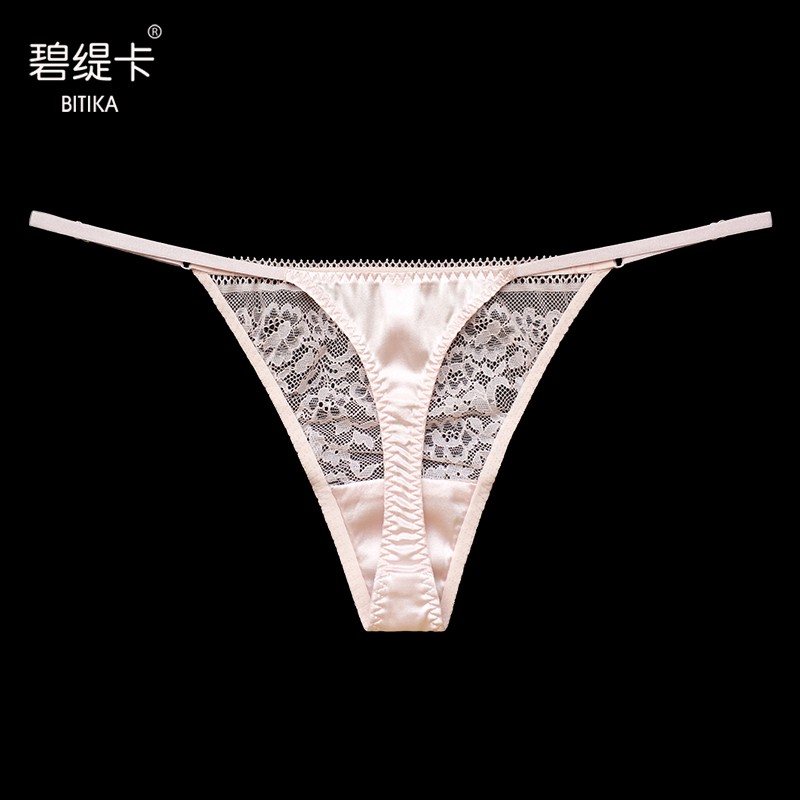 碧缇卡桑蚕丝低腰性感丁字裤女 夏季丝绸透明蕾丝裤头 细带无痕内裤