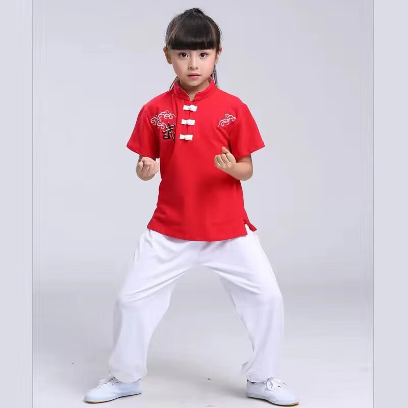 兒童武術(shù)服練功服小學(xué)生燈籠褲功夫訓(xùn)練服中國(guó)風(fēng)男女短袖太極服裝 刺繡紅色短袖+白色褲子（套裝） 130cm