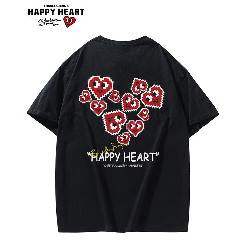 查尔斯桃心短袖男女同款 心型印花夏季卡通休闲宽松情侣百搭圆领t恤