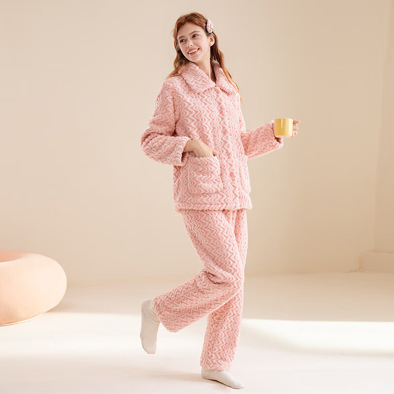 芬腾睡衣女【加厚暖绒】2024秋冬季少女感保暖翻领开衫长袖家居服套装 虾粉 L