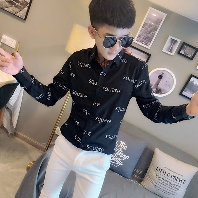 精神小伙网红同款衬衫紧身男士修身长袖学生痞帅上衣 黑色-款式【高