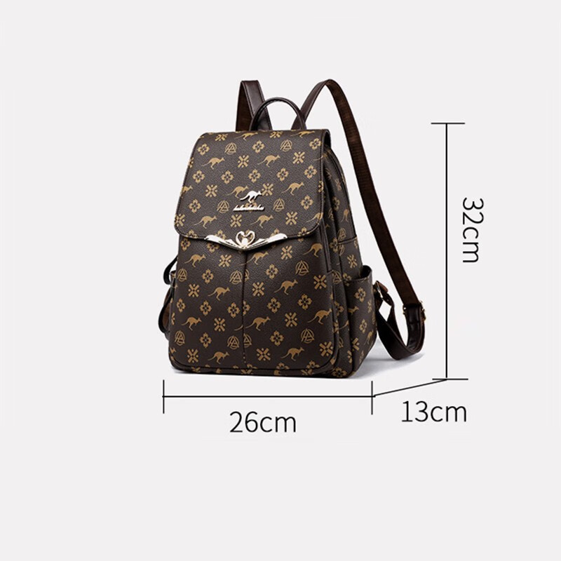 玫瑰袋鼠品牌轻奢双肩包女真皮2024新款时尚防盗牛皮背包大妈妈旅行包软皮 棕配棕【礼盒装+手包卡包】