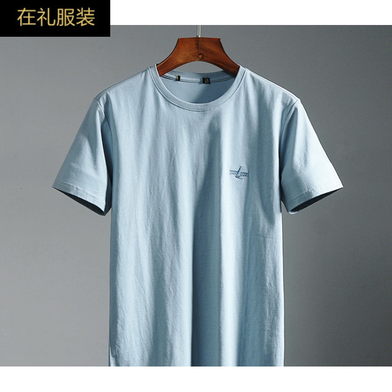 在礼精梳棉t恤男高支短袖t恤男士 上衣夏季纯棉修身半截袖 浅蓝色 170
