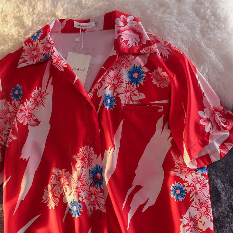 订婚衣服夏季以你的心诠释我的爱bkpp欧儿pp同款红扶桑花衬衫 红色 m