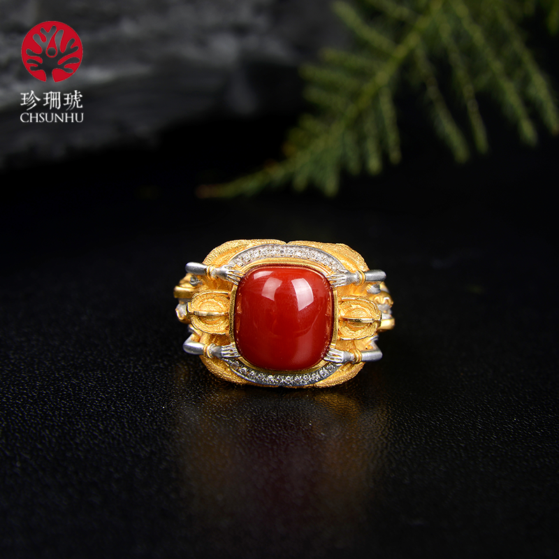 珍珊琥红润珊瑚戒指 经典雅典娜款磨砂金老工艺 高贵显气质男女款12号