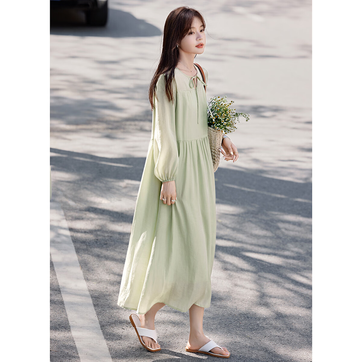 沫晗依美韓式氣質(zhì)夏日度假風(fēng)飄逸女連衣裙2025夏季新款氣質(zhì)休閑顯瘦連衣裙 春水綠 S