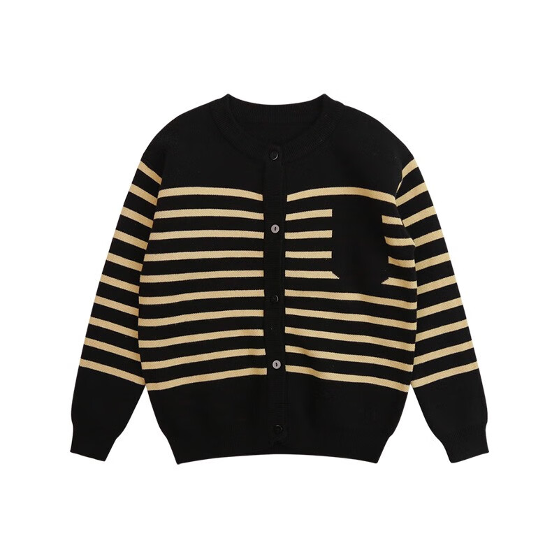 纯一良品（CUNYI）童装儿童针织开衫男童毛衣秋季新款中大童百搭撞色条纹外套 黑色条纹 140 cm