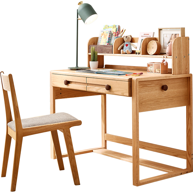 林氏木业实木学习桌椅一体儿童书桌可升降小孩写字作业桌子LS165【原木色】 0.9m书桌+书架+书椅*1