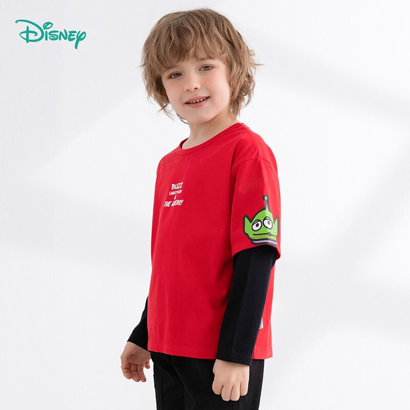 迪士尼(Disney)男童假两件T恤22年春季儿童棉质上衣 大红130cm
