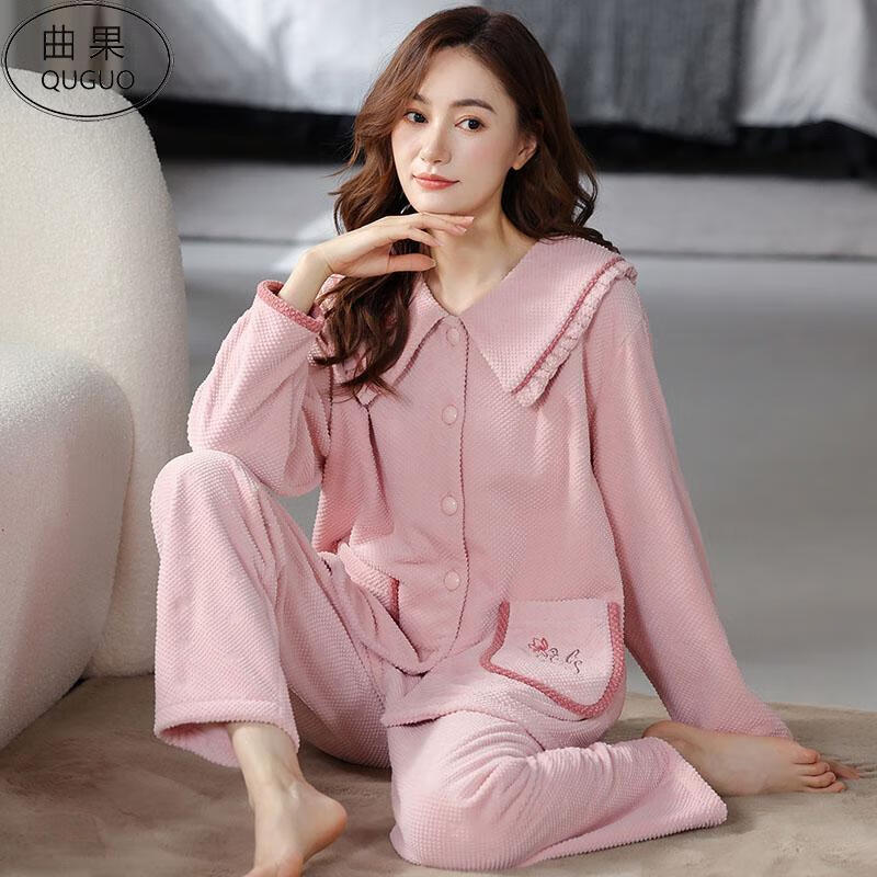 曲果品牌女士睡衣冬季珊瑚绒长袖冬天法兰绒加厚加绒保暖女款开衫可爱