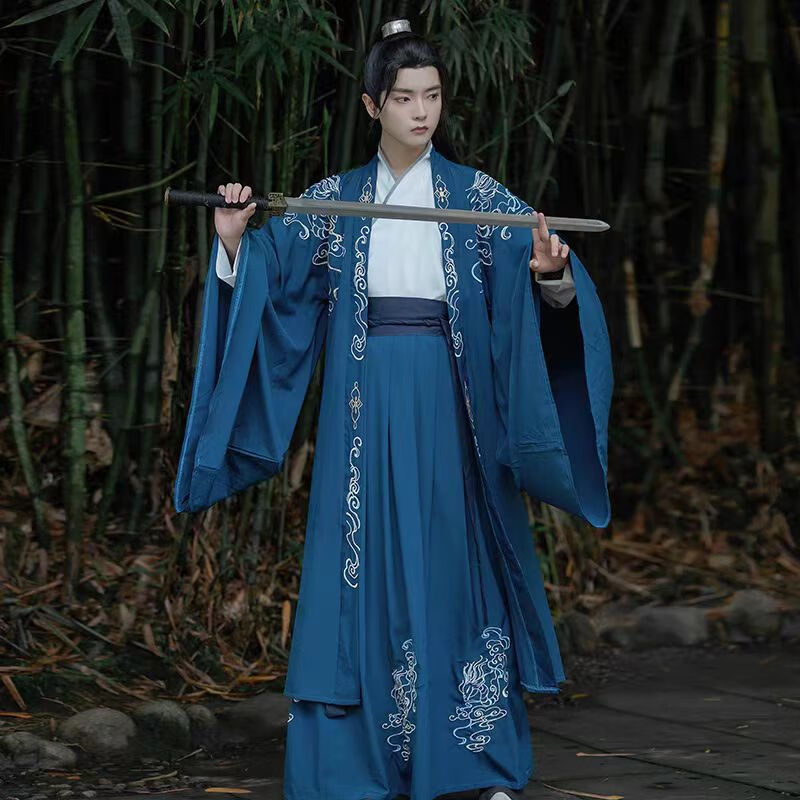 尤克達(dá)蒂（yookdd）漢服男成人原創(chuàng)交領(lǐng)齊腰漢服魏晉風(fēng)古裝大袖繡花漸變學(xué)生日常套裝 蒼鷺?biāo){色三件套 L