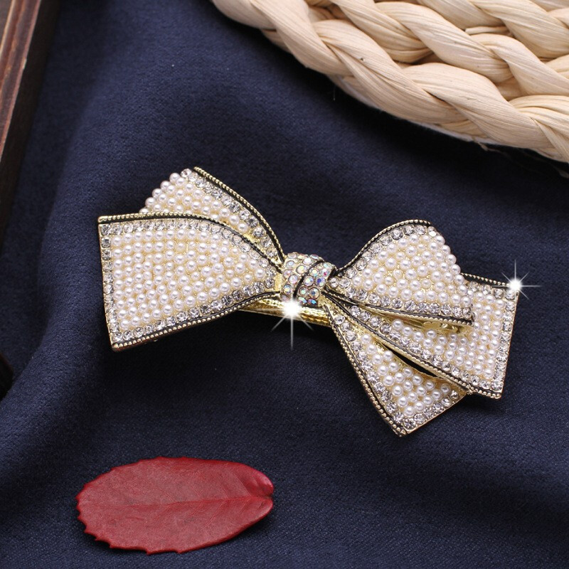 案妆 发夹女发卡韩版珍珠水钻多层领结弹簧夹后脑勺盘发简约优雅女性