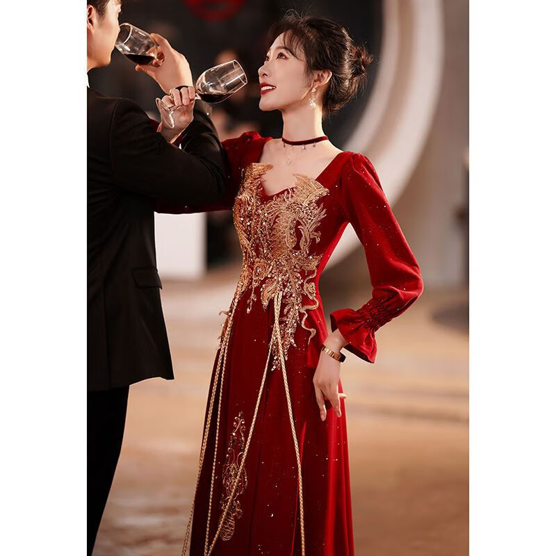 BMLC中式婚纱敬酒服礼服女新娘结婚订婚迎宾中国风长袖红色 图片色 2XL