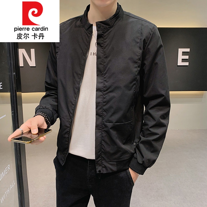 皮尔卡丹外套男2022年新款春季新款韩版时尚帅气百搭潮流飞行员夹克男休闲针织 黑色 M