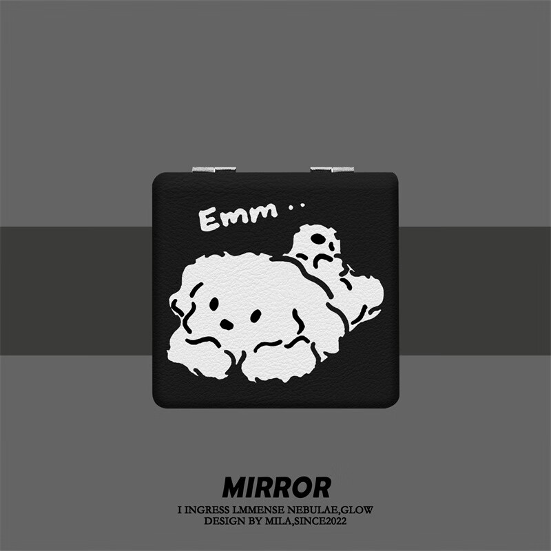 便携化妆镜子折叠小镜子随身带手持翻盖式补妆女 黑底表情包-化妆镜