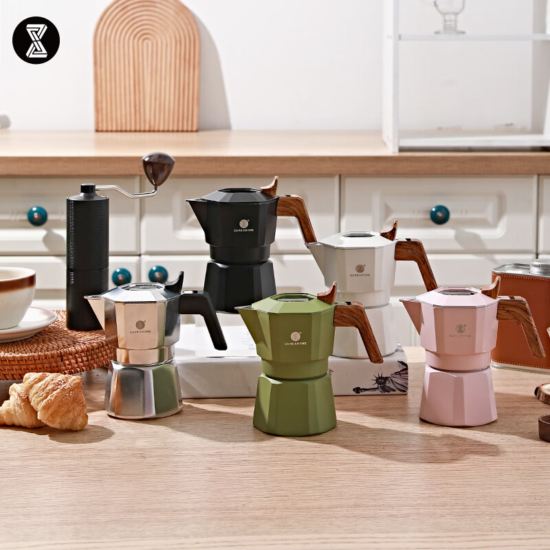 臻航摩卡壶意式咖啡壶双阀两杯份手冲控温咖啡家用户外露营咖啡器具 双阀2杯控温摩卡壶-白色 +布粉器