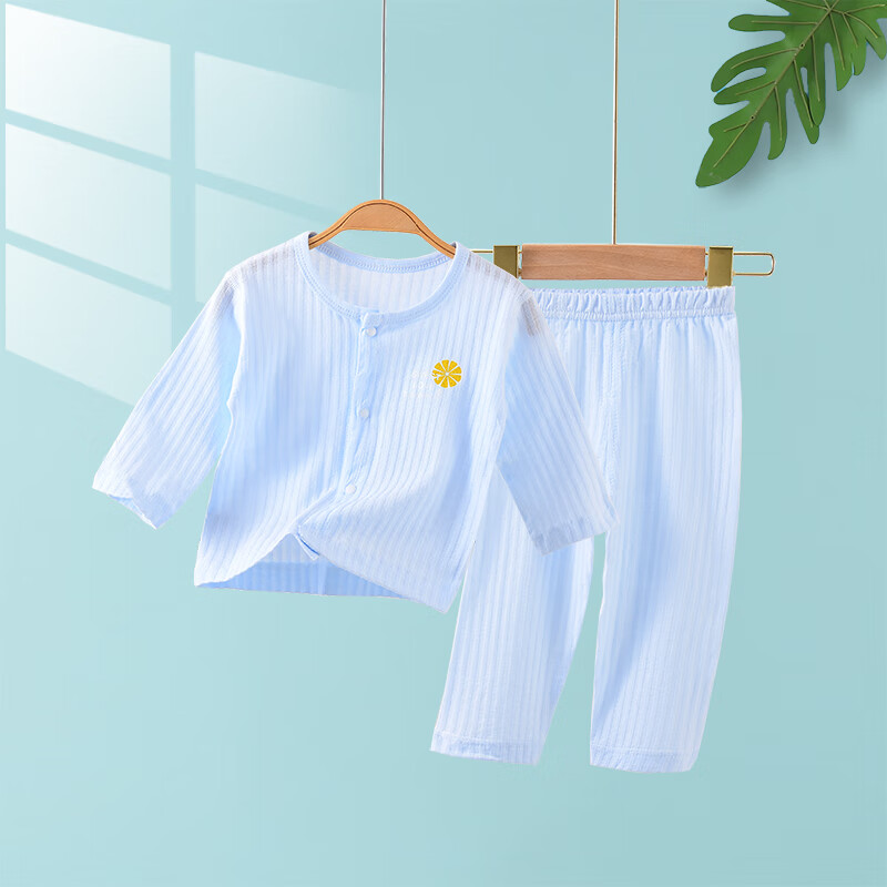 木幼事婴儿套装纯棉无骨夏季超薄儿童空调服宝宝睡衣长袖居家服0-1-2岁 蓝色 90码
