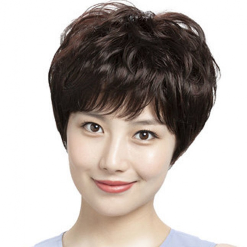 中年女士短发自然逼真妈妈发型透气整顶中老年假发套精品 自然黑 贈发