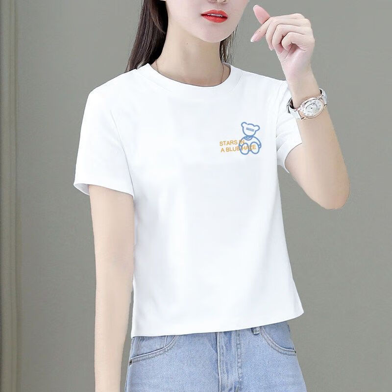 慕林挽短袖t恤上衣女装新款潮夏季短款修身显瘦简约印花小个子小衫