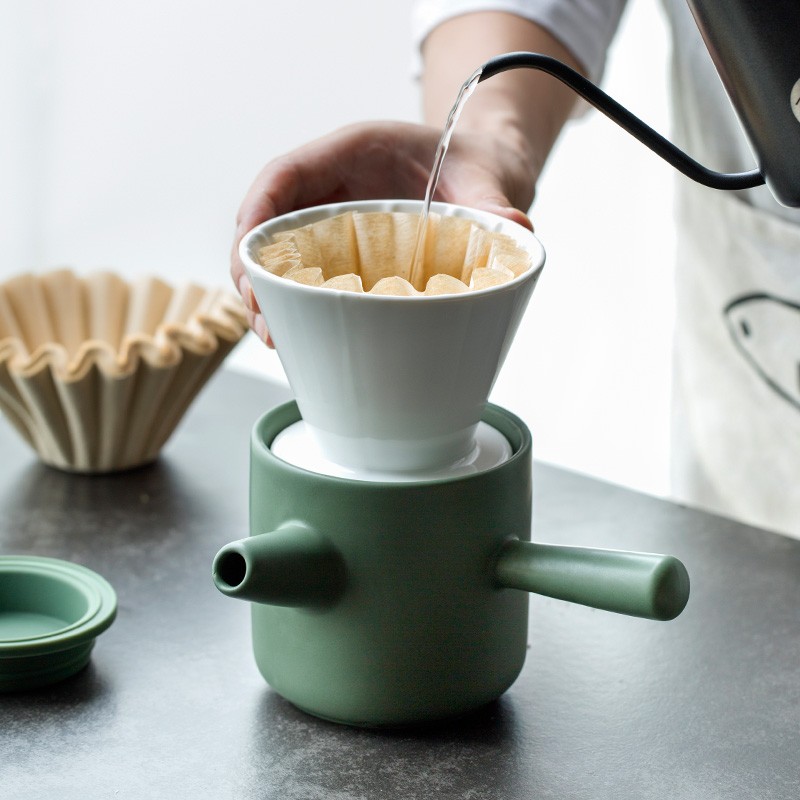 瓷彩美（CECEME）创意手冲咖啡壶 过滤器陶瓷咖啡滤杯套装家用便携咖啡用具 墨绿色滤壶礼盒装